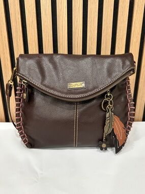 Chala Handbags Brown Faux Leather Crossbody Bag Boho Whipstitch Tassel Charm
